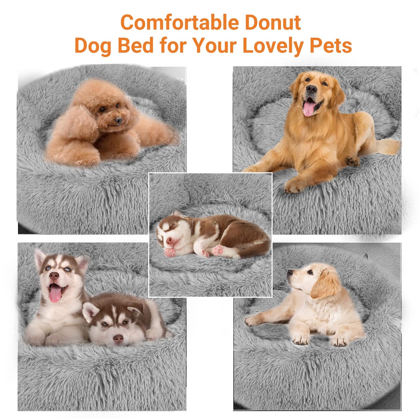 Donut Dog Bed Extra Large Washable - Anti Anxiety Calming Cosy Fluffy Plush Puppy Kitten Round Super Soft Snuggle Pet Cat Beds for Indoor Cats: Light Grey 80cm