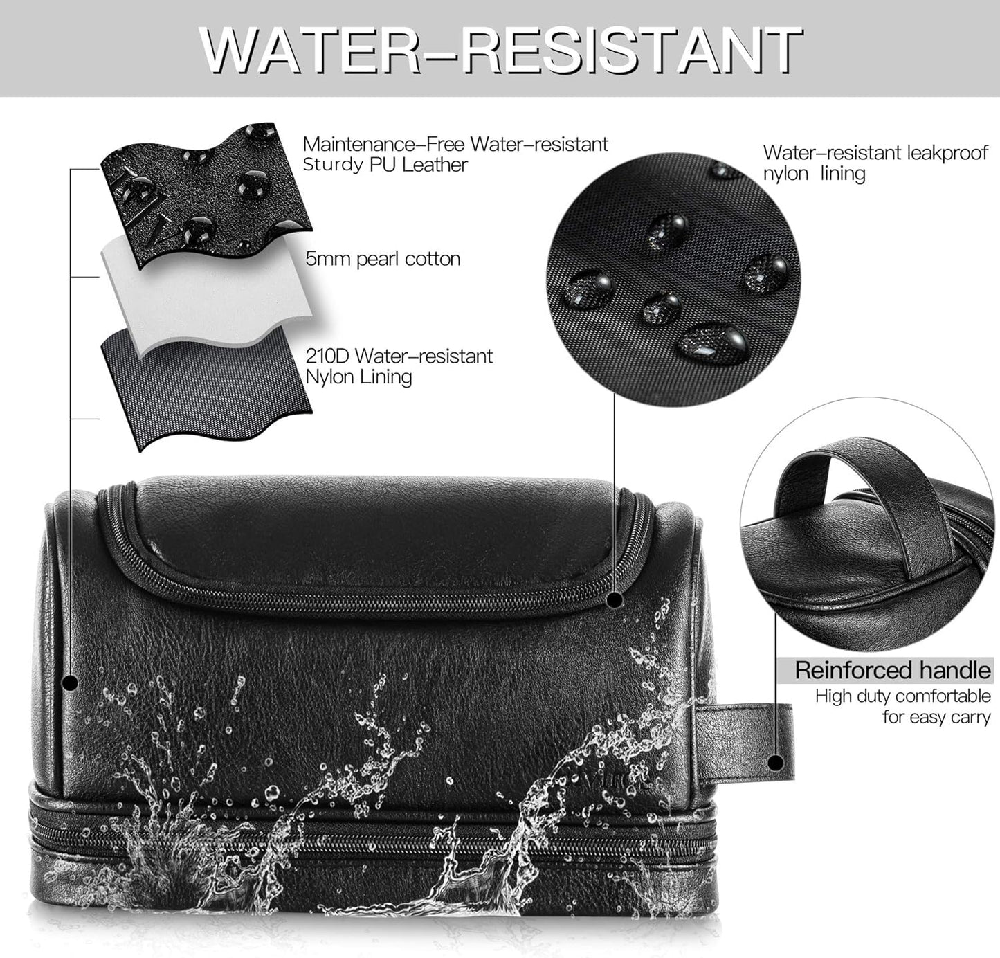 Elviros Toiletry Bag for Mens PU Leather Travel Organizer Kit with Hanging hook, Large Water-resistant Toiletries Bathroom Shaving Bags (Black)