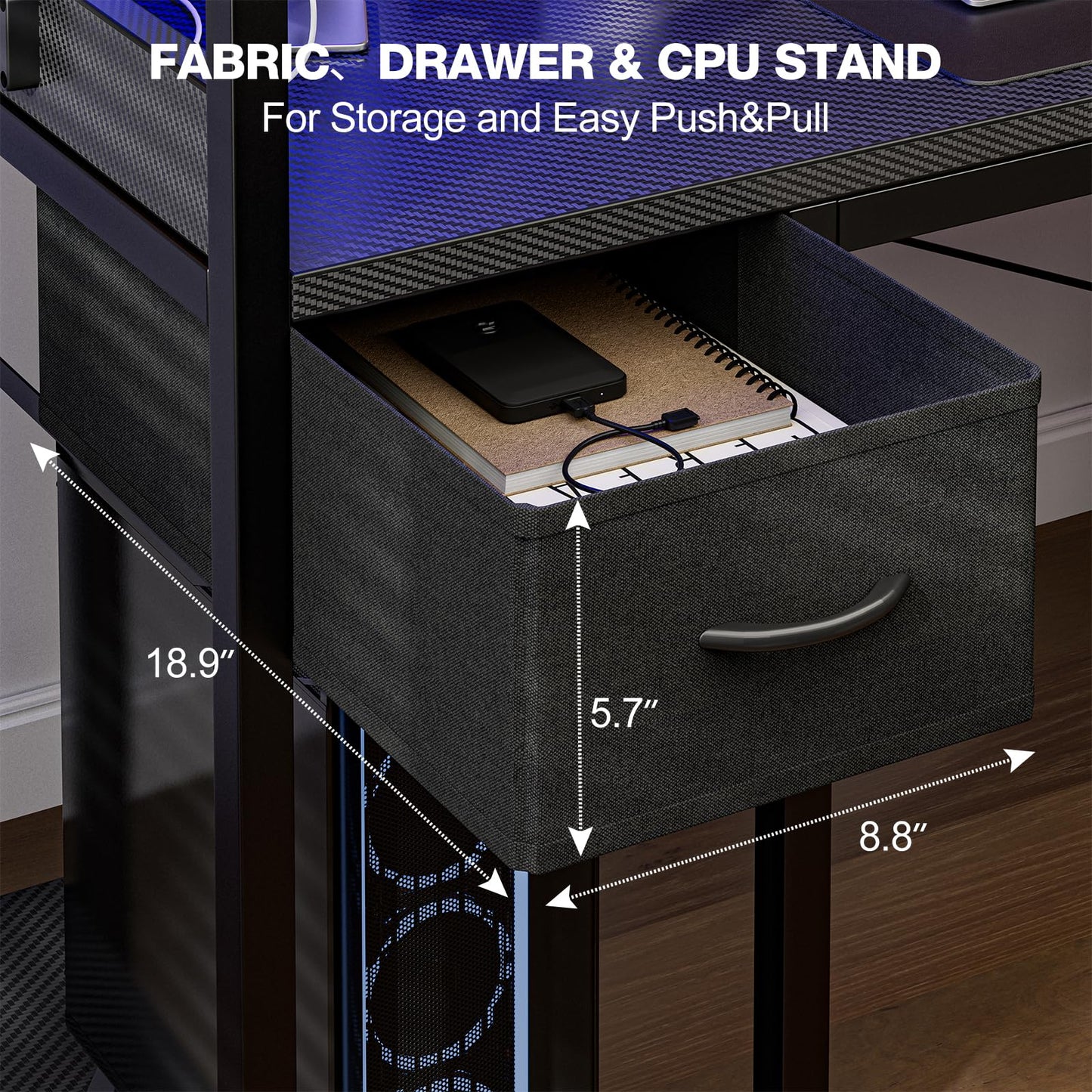 Grandder Gaming Desk 47 Inch with Power Outlet and LED Light, Computer Desk with Reversible Shelves and Storage Drawer, Pc Small Desk for Home Office Table with Bag, Carbon Fiber Black