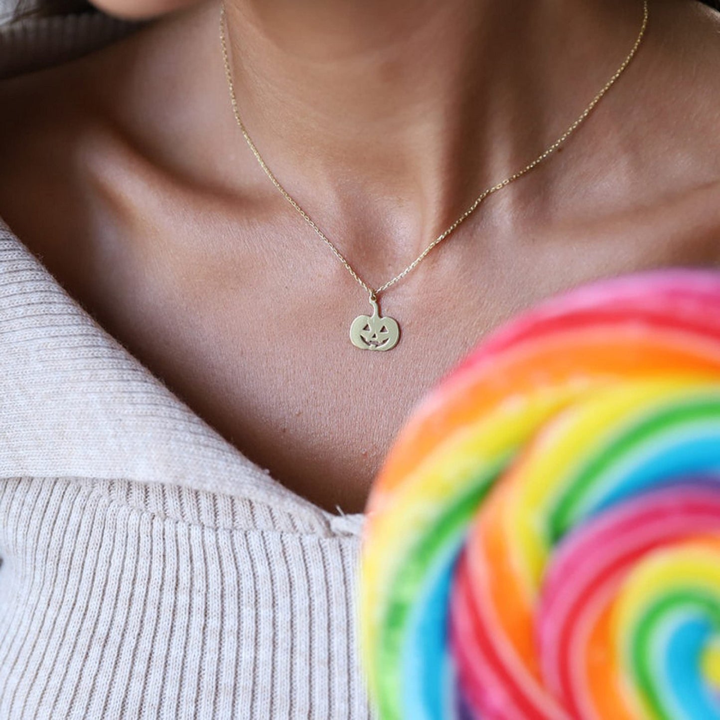 Collner 14K Gold Heart Pendant Necklace for Women Dainty Star Necklace Tiny Evil Eye Choker Necklace Boho Crescent Moon Necklace Minimalist Jewelry (Halloween Pumpkin-Gold)