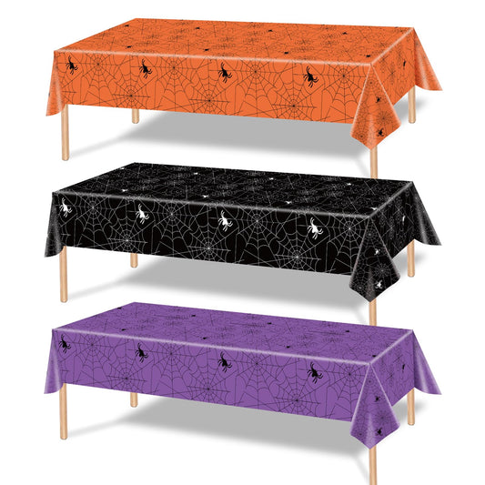 3-Piece 54 x 108 Inch Spider Web Plastic Tablecloth - Spiderweb with Spiders Designs, Disposable Rectangle Table Cover for Dining, Birthday, Halloween, Spooky Themed Decorations (Multicolor)