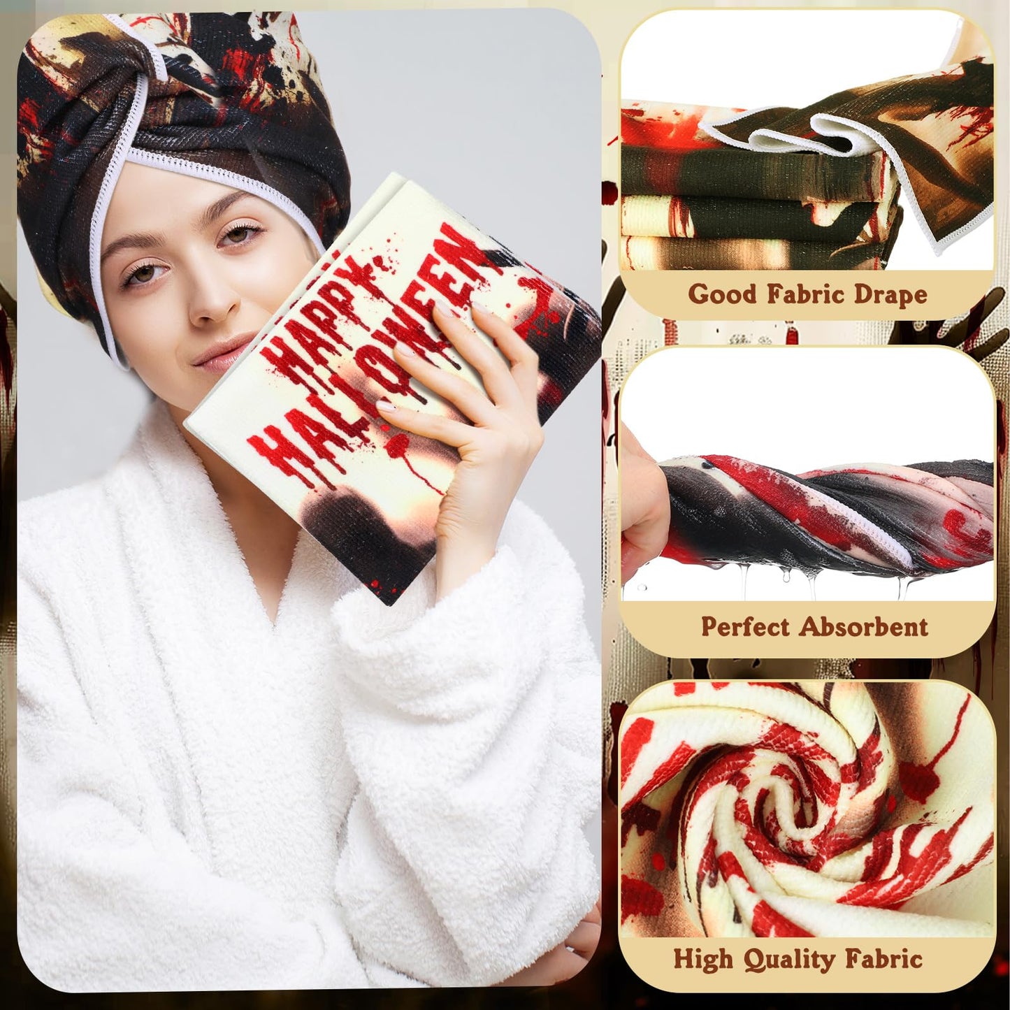 FuWeave 8 Pcs Halloween Help Me Shower Curtain Set for Bathroom Include Scary Ghost Shadow Bloody Hands Shower Curtain Towels Non Slip Rugs Toilet Lid Cover Bath Mat and 12 Hooks for Bathroom Decor