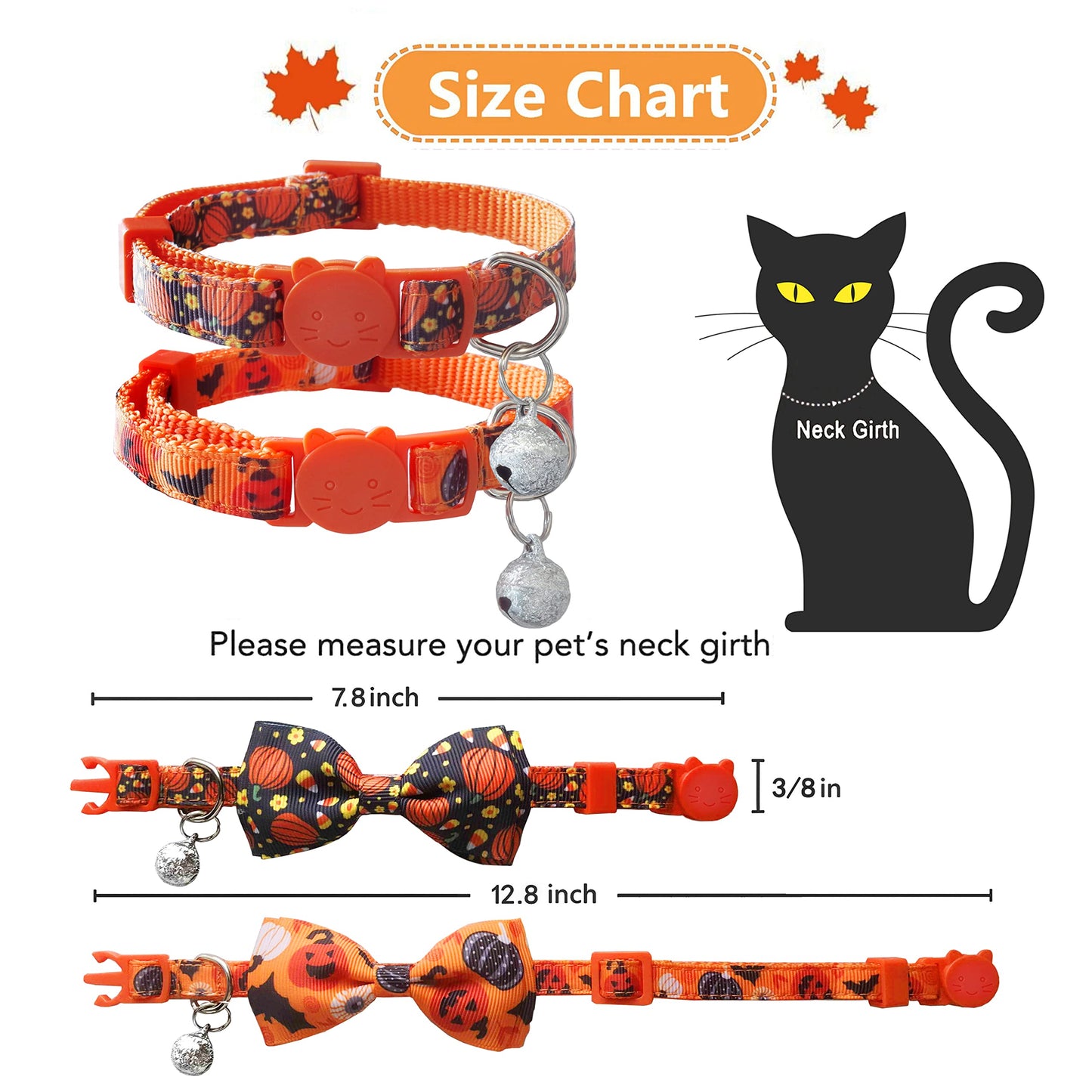 2 Pack Halloween Cat Collar with Bow Tie and Bell, Holiday Pumpkin Candy Corn Collar for Kitty Kitten Girls and Boys Cats