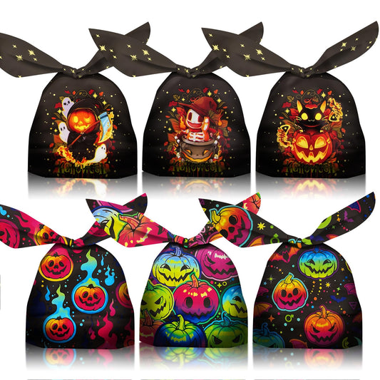 Halloween Treat Candy Bags 100pcs, Kids Small Halloween Goodie Bags Bulk, Plastic Halloween Bags for Trick or Treat, Party Favor, Popcorn, Snack and Cookie with Pumpkin, Ghost，Cat Elements