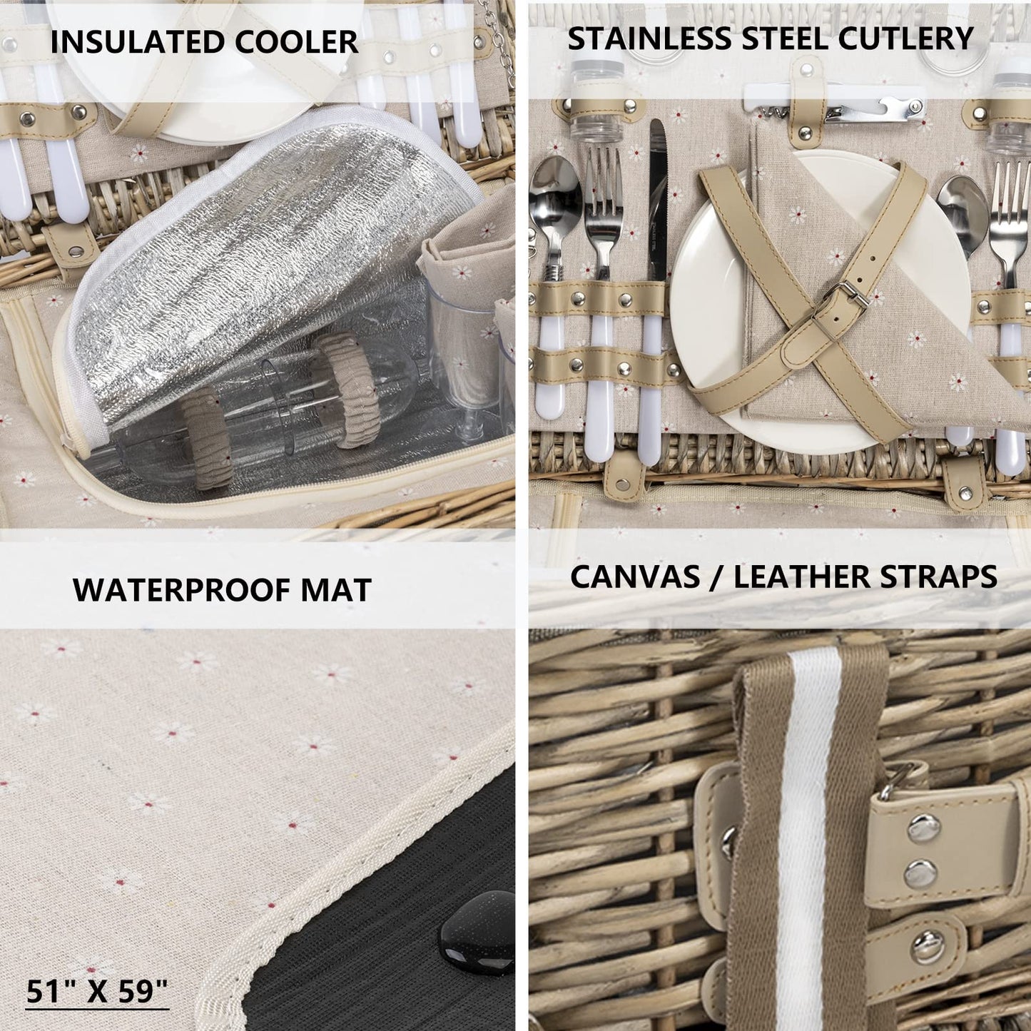 31Pcs Picnic Basket Set for 4 with Insulated Liner and Waterproof Blanket Wine Pouch, Large Wicker Picnic Hamper for Camping,Outdoor,Valentine Birthday Christmas for Couples