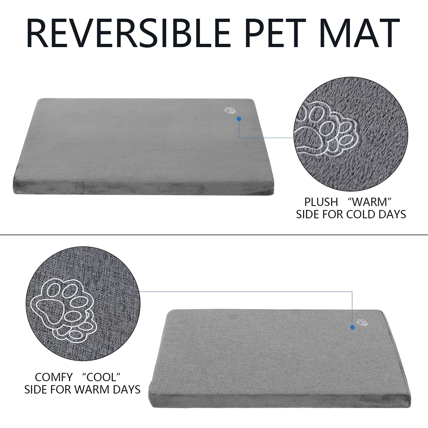 EMPSIGN Stylish Dog Bed Mat Dog Crate Pad Mattress Reversible (Cool and Warm), Water Proof Linings, Removable Machine Washable Cover, Firm Support Pet Crate Bed for Small to XX-Large Dogs, Grey
