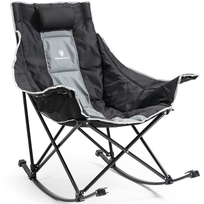 Dowinx Oversized Rocking Camping Chair, Fully Padded Patio Chair with Side Pocket and Carry Bag, High Back Portable Lawn Recliner with Headrest, Support 300 lbs, Grey
