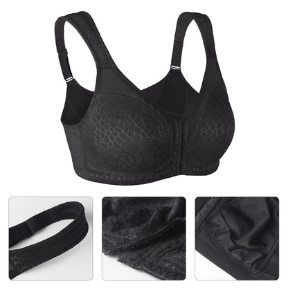 Lemorosy Women's Plus Size Full Coverage Front Closure Posture Back Unpadded Wireless Double Support Minimizer Bra (Black, 44DD)