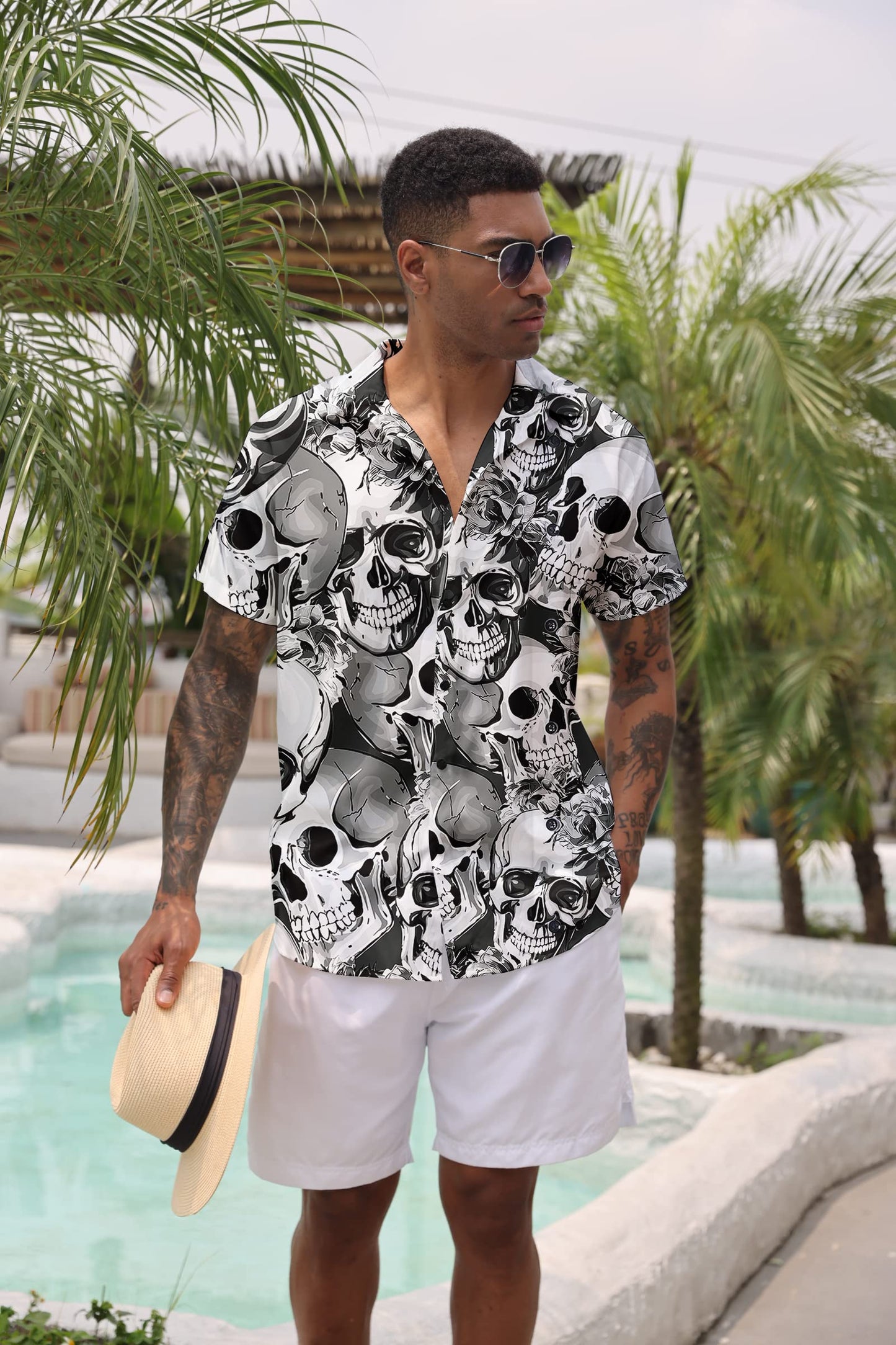 Goodstoworld Hawaiian Mens Skull Shirts 3D Halloween Horror Short Sleeve Print Teen Boys Aloha Button Down Dress Shirt Polo Party Gift Tops Black Grey