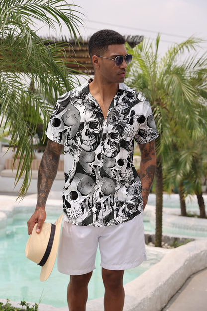 Goodstoworld Hawaiian Mens Skull Shirts 3D Halloween Horror Short Sleeve Print Teen Boys Aloha Button Down Dress Shirt Polo Party Gift Tops Black Grey