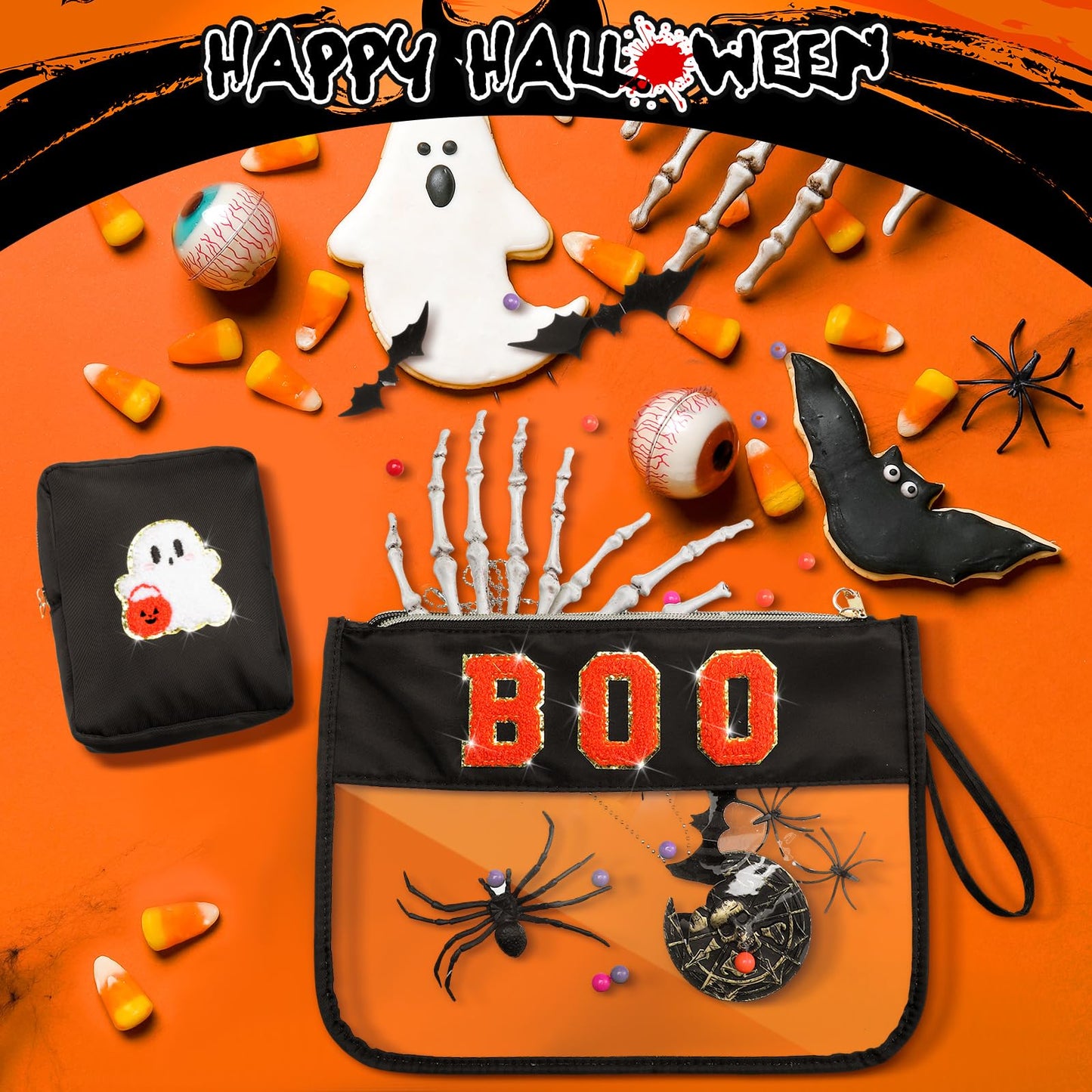 Hillban 2 Pcs Summer Halloween Gifts Chenille Letter Bags Boo Patch Makeup Bag Spooky Pumpkin Flat Clear Pouch PVC Organizer Purse Waterproof Travel Cosmetic Bag Portable Storage Case for Women