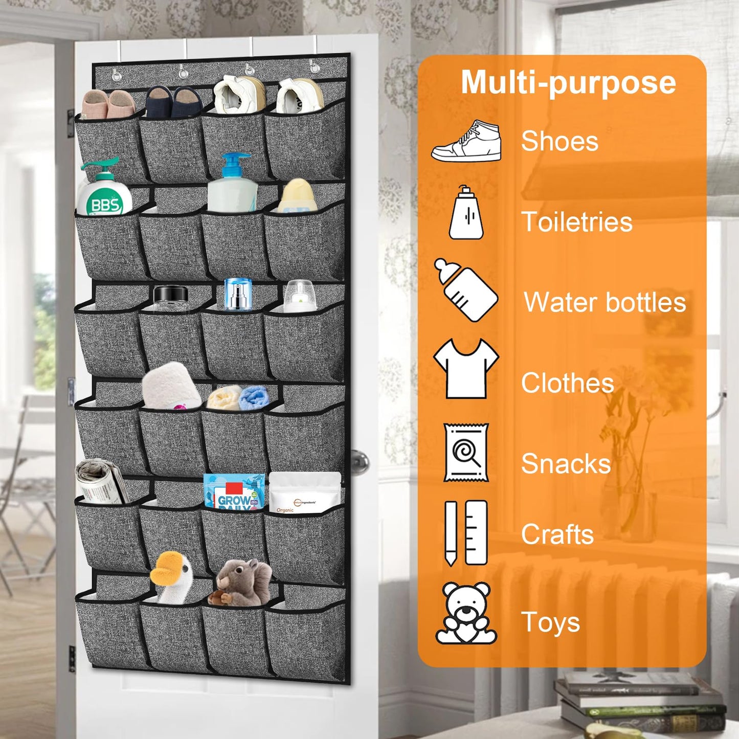 homyfort Over the Door Shoe Organizer, Hanging Shoe Rack Storage Holder with 24 Large Pockets for Closet Door, Men Women Kids Shoes, Cruise (Black)