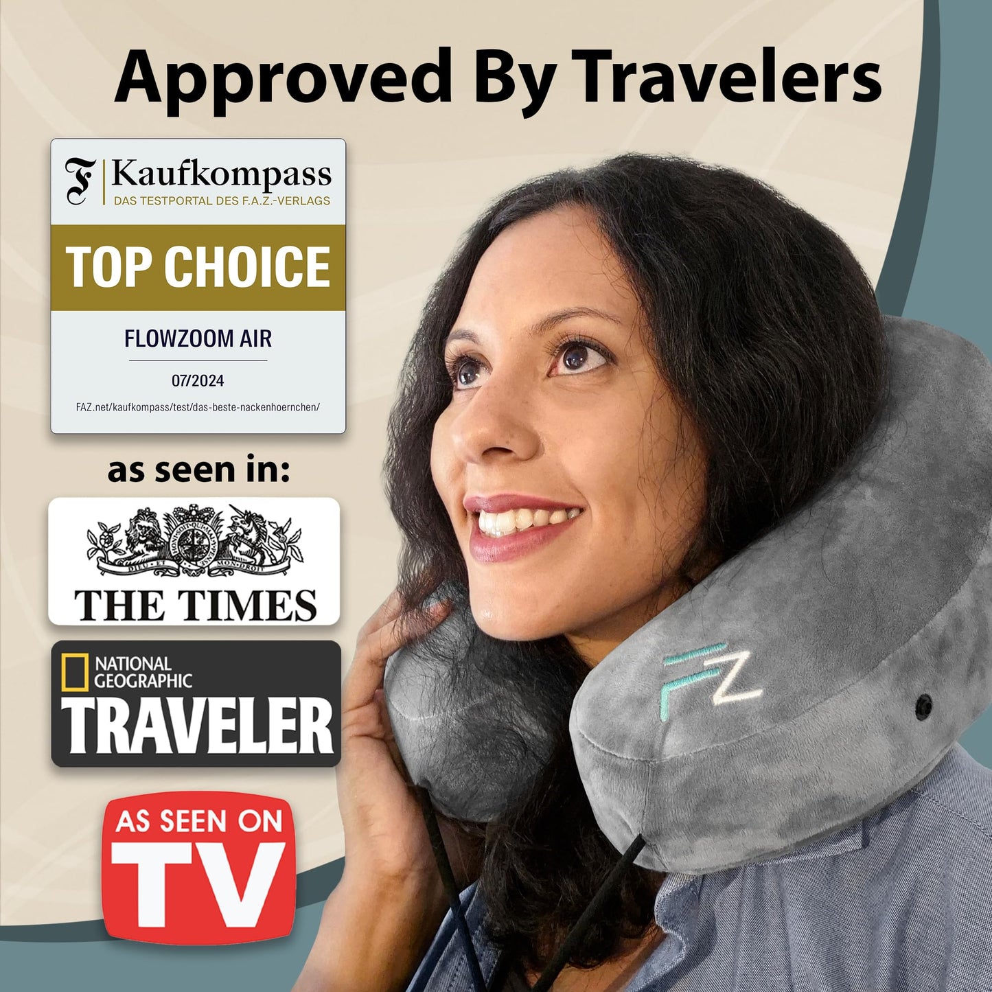 FLOWZOOM Air Inflatable Neck Pillow for Traveling on Plane - H-Shape Hooded Travel Pillow with 5 Snooze Modes, Fast Inflation, Pressure Control, Cozy Clip-On Hood & Plushy Cover - Size L, Silver Gray