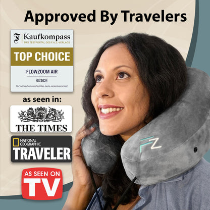 FLOWZOOM Air Inflatable Neck Pillow for Traveling on Plane - H-Shape Hooded Travel Pillow with 5 Snooze Modes, Fast Inflation, Pressure Control, Cozy Clip-On Hood & Plushy Cover - Size L, Silver Gray