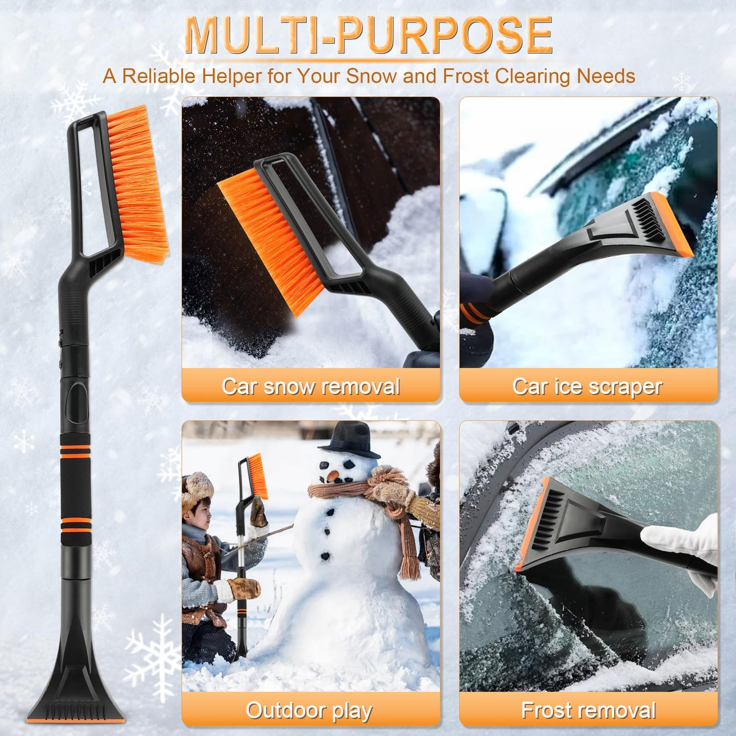 LivTee Ice Scraper and Snow Brush for Car Windshield, 32.5" Extendable Snow Removal Tool, Automotive Exterior Accessories and Winter Essentials for Cars, Trucks, and SUVs,Orange