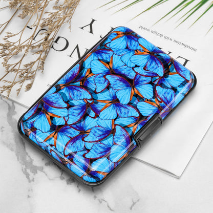 ELFISH RFID Blocking Credit Card Protector Aluminum ID Case Hard Shell Business Card Holders Metal Wallet for Men or Women (Blue Butterfly)