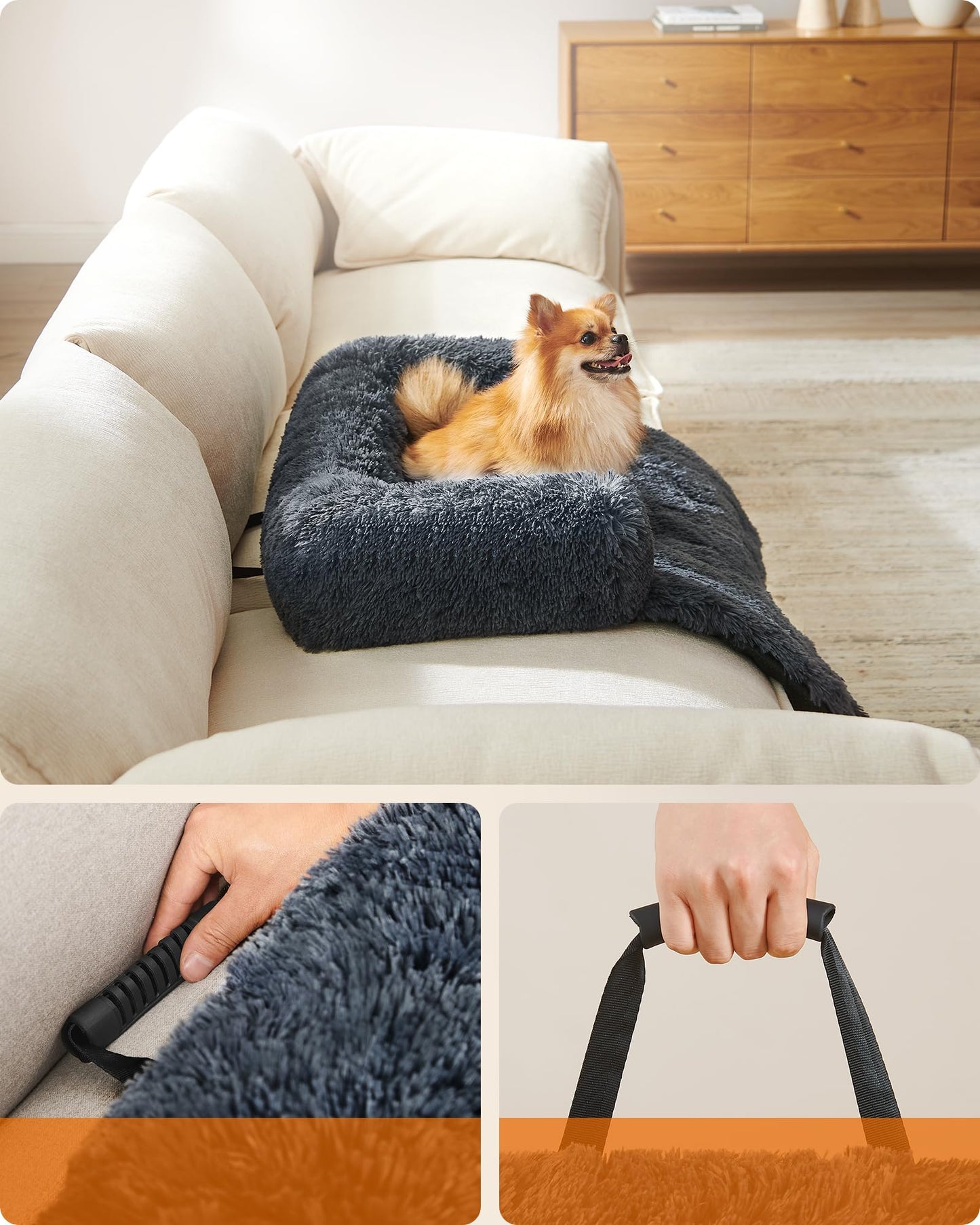 Feandrea FluffyHug Dog Sofa Bed, Pet Bed, Dog Sofa Cover, Calming Dog Bed, M, for Small and Medium Dogs, 80 x 75 x 16 cm, Dark Grey PGW221G02