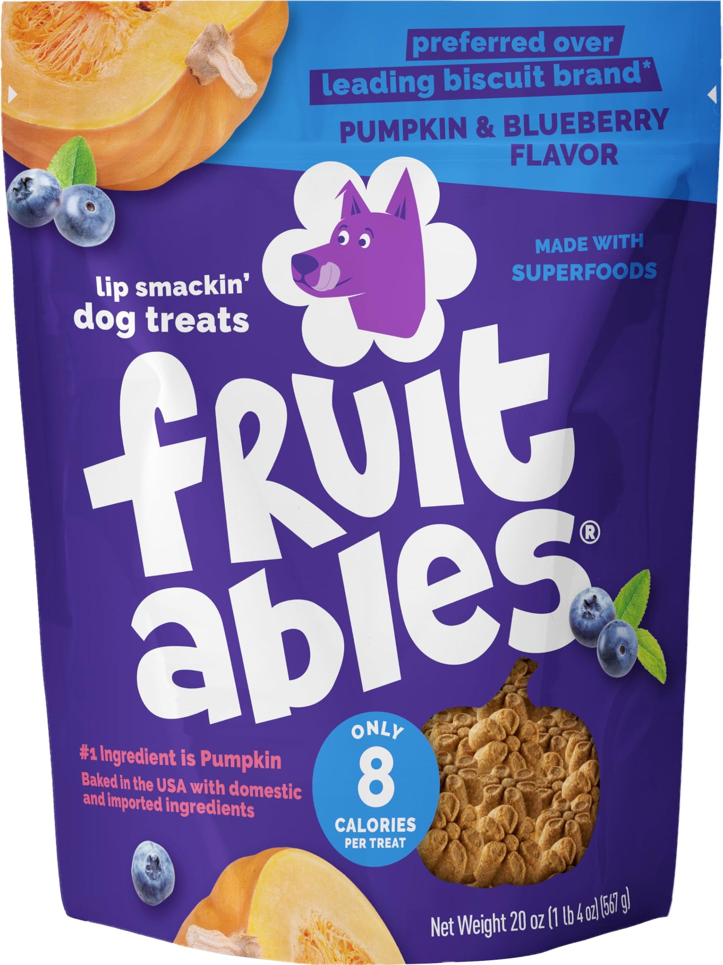 Fruitables Baked Dog Treats, Healthy Pumpkin Treat for Dogs, Low Calorie & Delicious, Free of Wheat, Corn and Soy, Made in The USA, Pumpkin and Blueberry Flavor, 20oz
