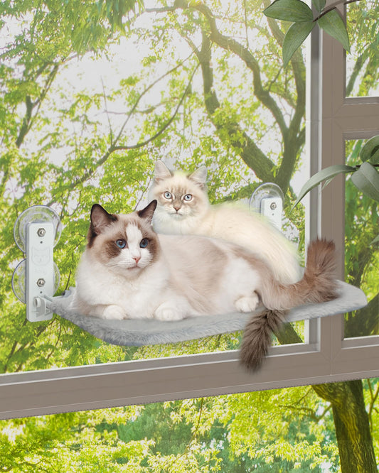 keny Cordless Cat Window Perch, Foldable Cat Window Hammock with 4 Suction Cups, Reversible Cover with Two Different Kinds of Fabrics, 40Lbs Load Capacity Sturdy Cat Window Bed for Cats Inside, Grey