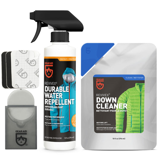 GEAR AID Revivex Down Care Kit for Jackets, Vests, Blankets, and Sleeping Bags, with Down Cleaner to Restore Loft, Water Repellent and Tenacious Tape Mini Repair Patches to Fix Holes