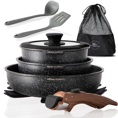 Kitchen Academy Removable Handle Induction Pots and Pans Set - 10 Piece Non-stick Cookware Sets, Black Granite Stackable RV Cookware for Camp