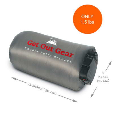 Get Out Gear Double Puffy Camping Blanket - Extra Puffy, Packable, Lightweight and Warm | Ideal for Outdoors, Travel, Stadium, Festivals, Beach, Hammock | Water-Resistant Camp Quilt (Teal Blue/Gray)