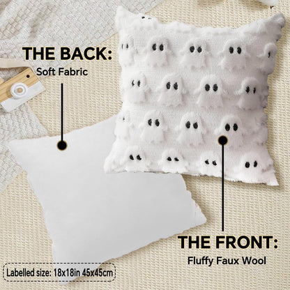 4 Pcs Halloween Throw Pillow Covers 18x18, Soft Faux Fur Pillow Cases Decorations, Fluffy Plush Accent Couch Cushion Case for Halloween Chair Sofa Bedroom Living Room Home Decor(Ghost B)