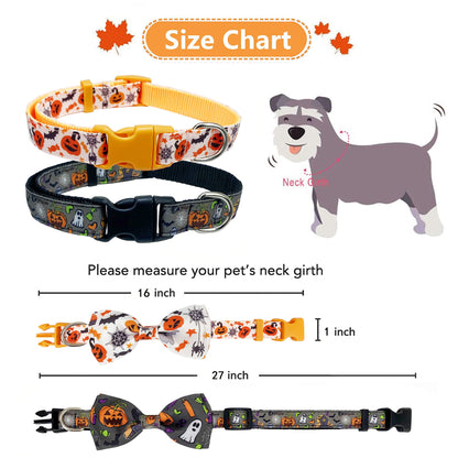 2 Pack Halloween Dog Collar with Bowtie, Holiday Jack-O-Lantern and Pumpkin Collar for Small Medium Large Dogs Pets Puppies (Large)