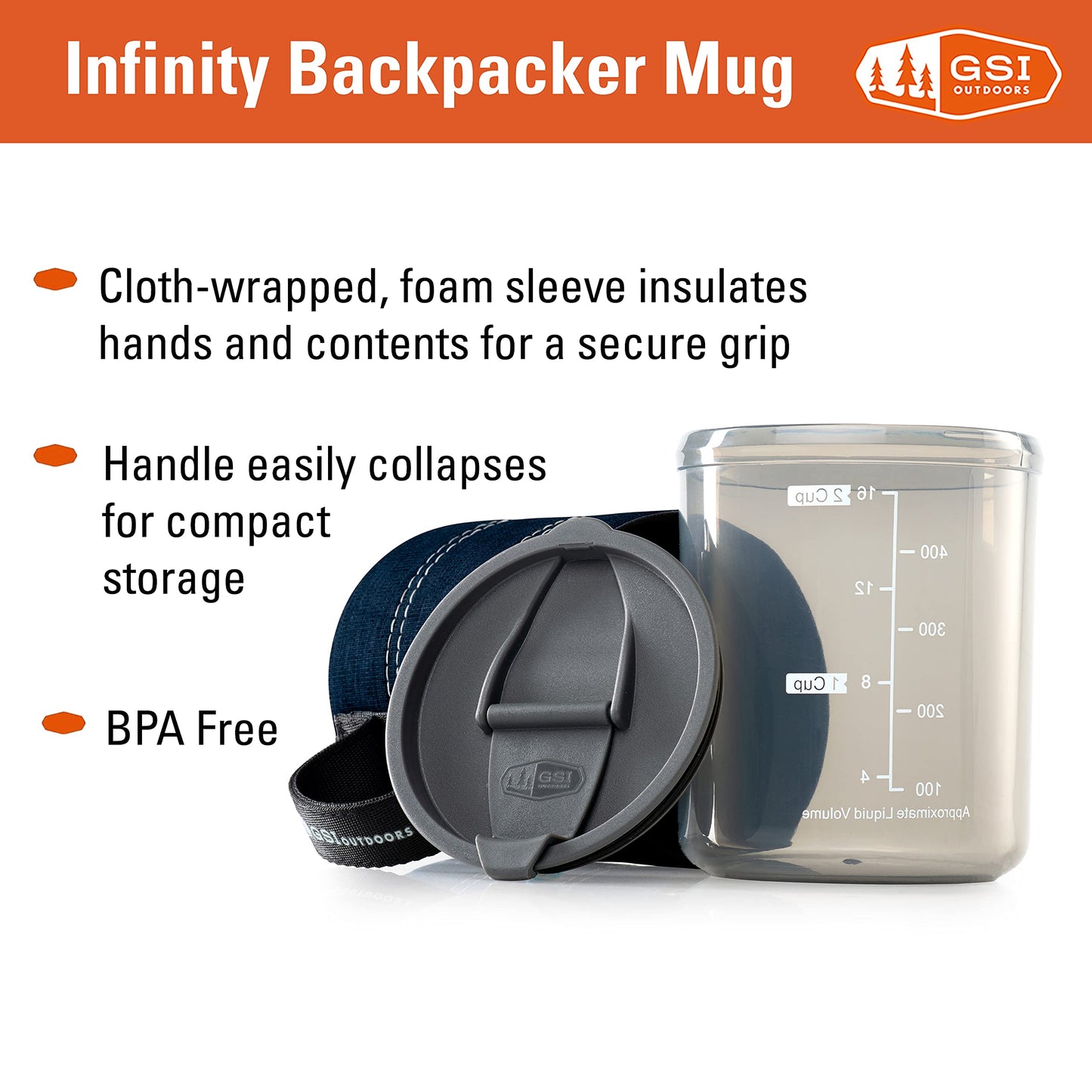 GSI Outdoors Infinity Lightweight Neoprene Backpacker Neoprene Mug for Camping and Backpacking - 17 oz - Heathered Blue