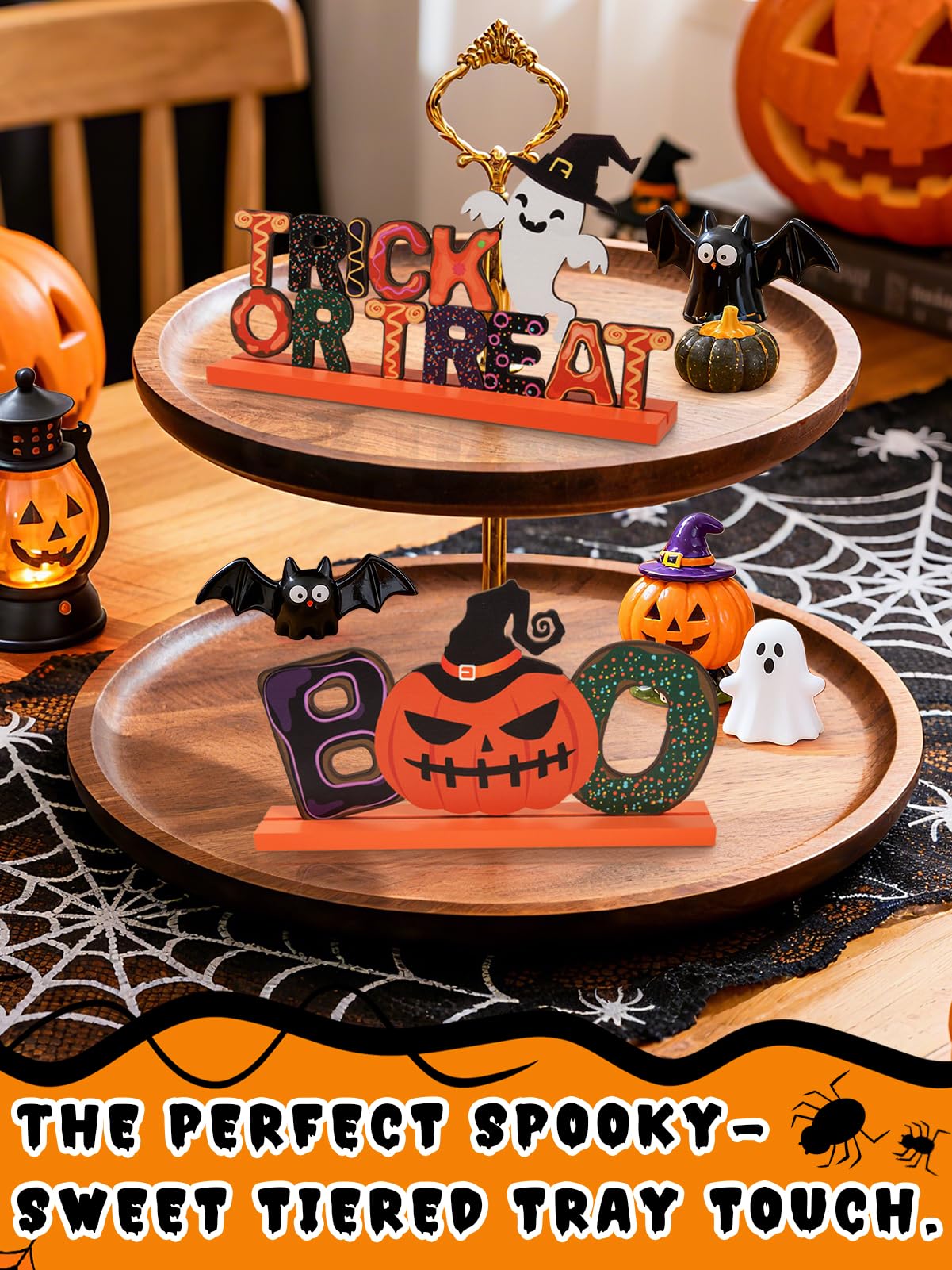 3Pcs Cute Halloween Table Decor Centerpiece Signs - Wooden Happy Halloween/Trick or Treat/Boo Indoor Decorations Gifts for Home Party, Office Desk, Kitchen, Tiered Tray