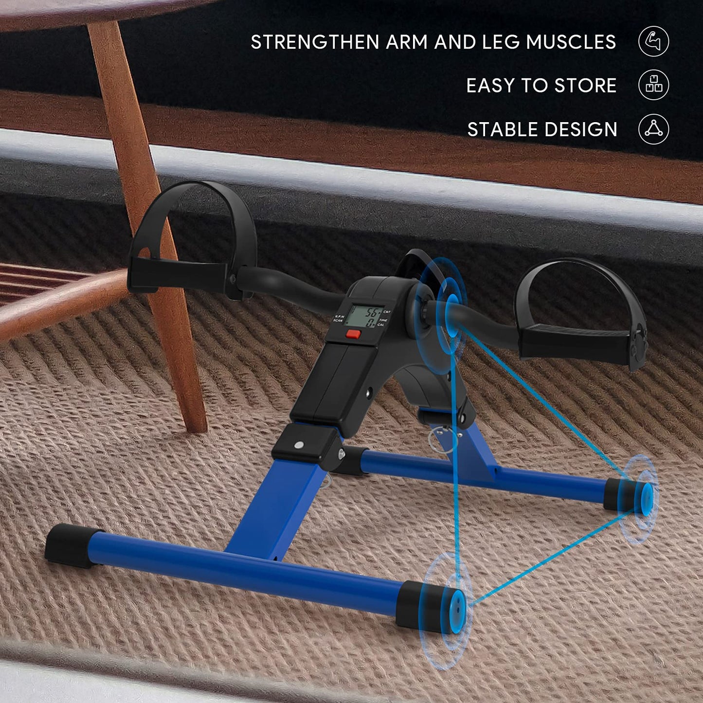 Folding Pedal Exerciser Mini Exercise Bike Portable Foot Peddler Desk Bike Arm and Leg Peddler Machine with LCD Monitor(Blue)