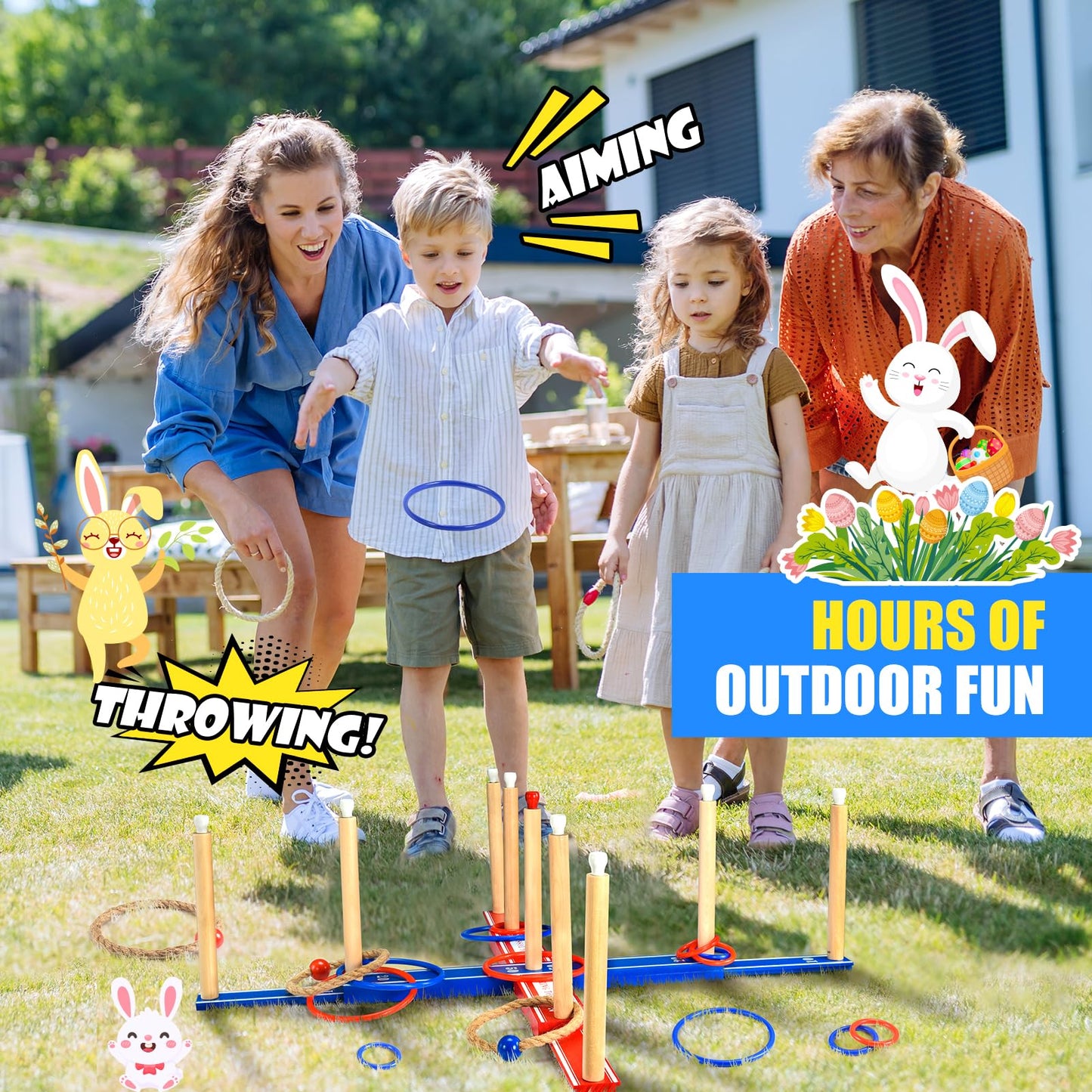 FunforFun! Outdoor Games for Kids 3-12 Upgraded Large Wooden Ring Toss Game with 30 Rings Party Yard Game for Family Outside Toys for 10 11 12 13 14 Years Old Boys Gifts