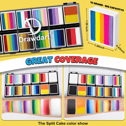 Drawdart Professional Face Painting Kit for Kids & Adults, Split Cake Face Paint Palette 12 x 10gm with Stencil, One Stroke Non Toxic Rainbow Body Paint Set for Halloween & Christmas Makeup