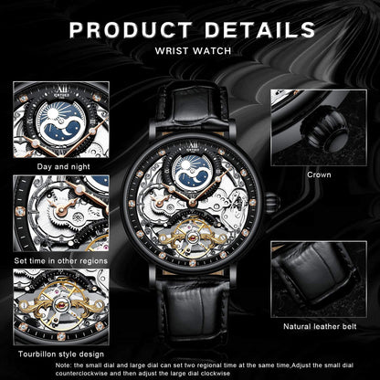 IK COLOURING Mens Luxury Skeleton Automatic Mechanical Wrist Watches Leather Moon Phrase Luminous Hands Self-Wind Watch