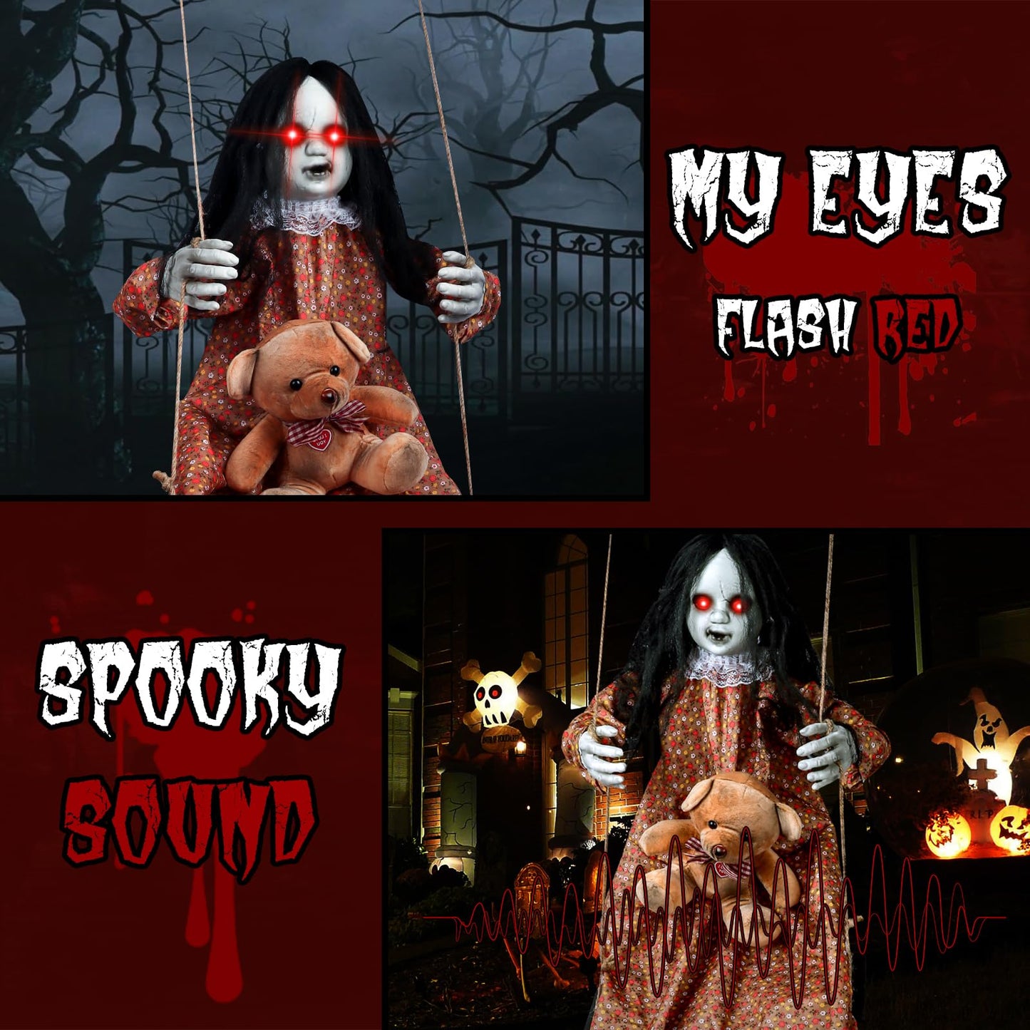 3.75 Ft Halloween Decorations Animatronics Hanging Swinging Girl with Creepy Sound/Light Up Eyes/Scary Expression, Creepy Doll Hanging Ghosts Haunted House Holiday Decor Prop for Indoor Outdoor