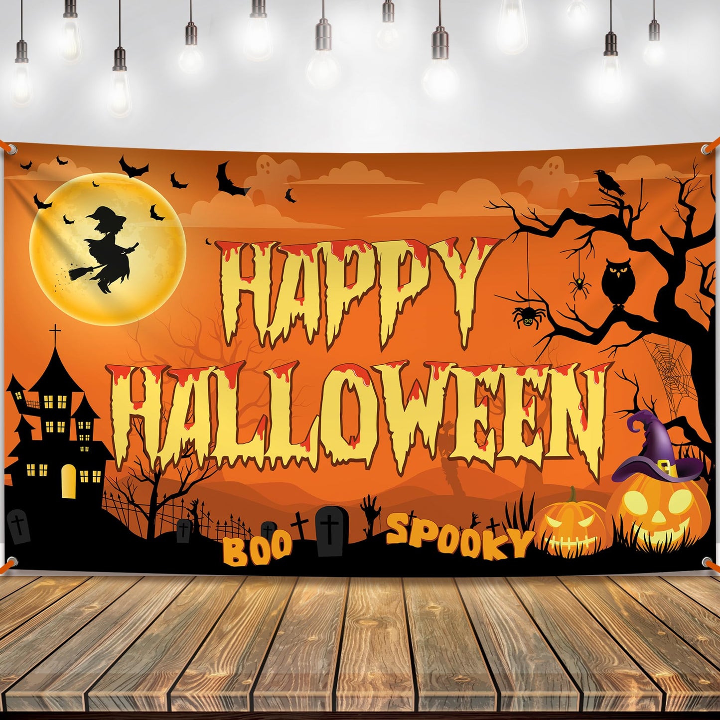 KatchOn Spooky Happy Halloween Banner - XtraLarge, 72x44 Inch | Orange Halloween Photo Backdrop for Decorations & Photography