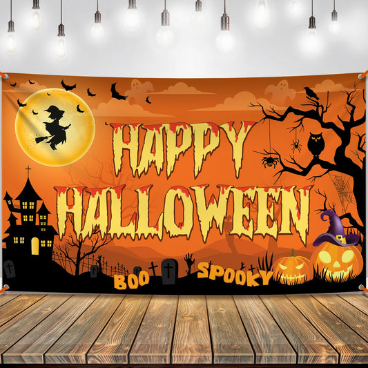 KatchOn Spooky Happy Halloween Banner - XtraLarge, 72x44 Inch | Orange Halloween Photo Backdrop for Decorations & Photography