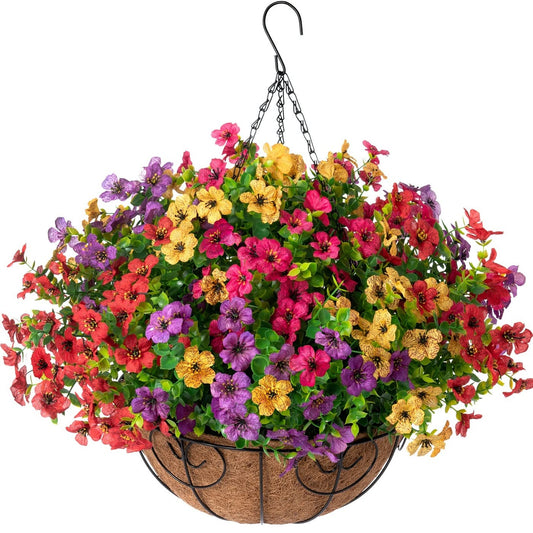HyeFlora Artificial Faux Hanging Plants Flowers Basket for Summer Outdoor Outside Decoration, Fake Silk UV Sun Resistant Look Real Colorful Daisy Eucalyptus for Porch Home Patio Balcony Yard