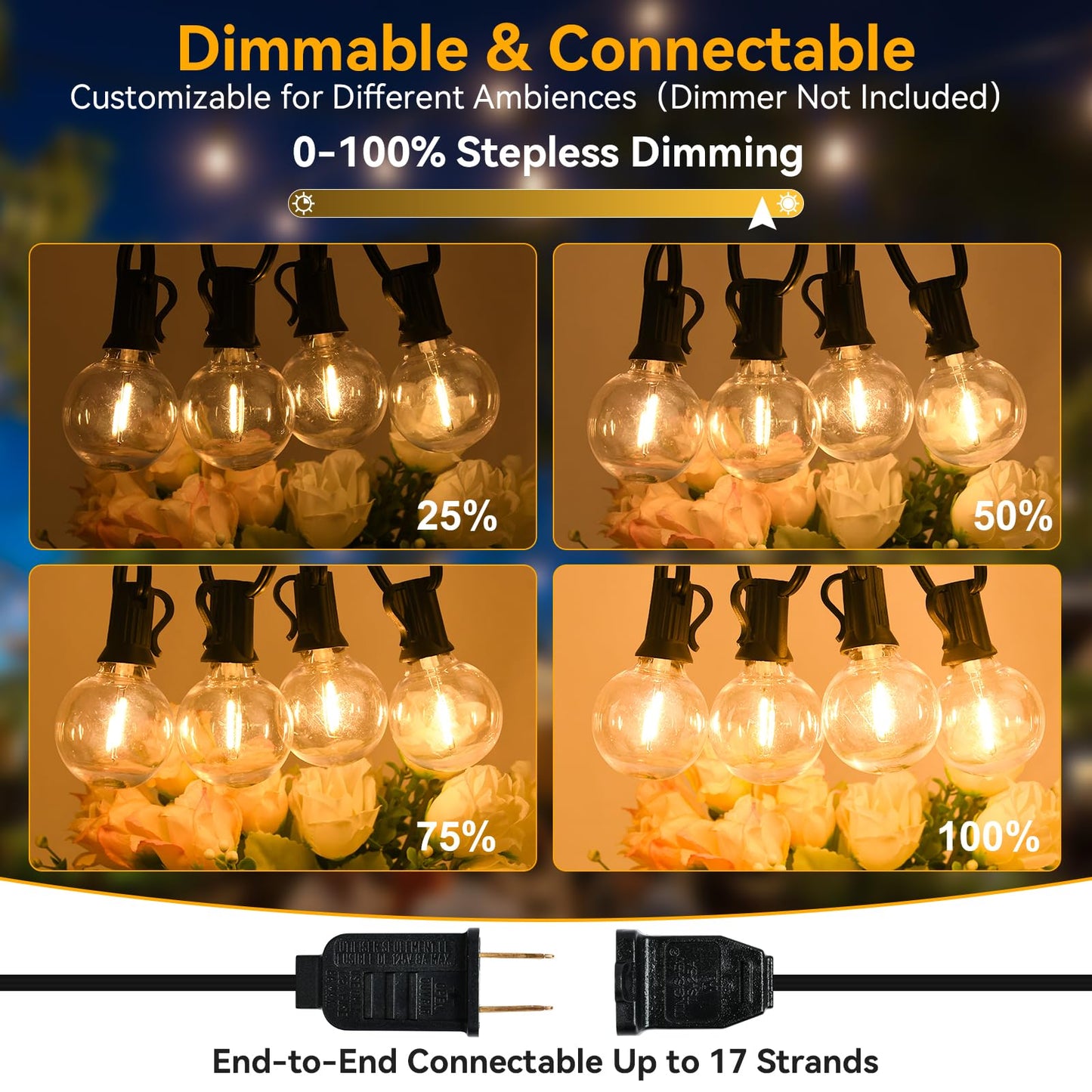 100ft Outdoor String Lights Waterproof/Connectable/Dimmable with 52 LED Shatterproof Bulbs,2-Pack 50ft UL Listed Globe G40 String Lights Outside Lighting for Patio Backyard Cafe Party Wedding Garden