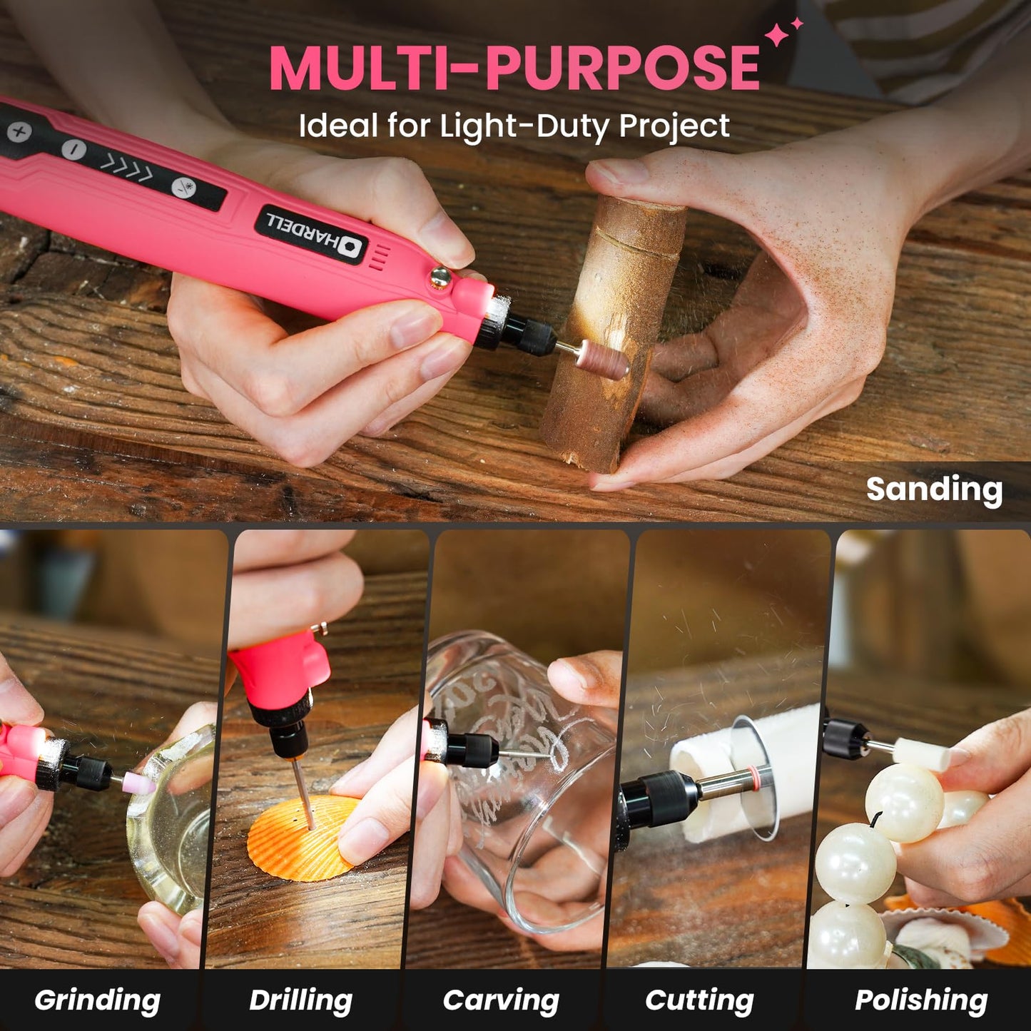 HARDELL Mini Cordless Rotary Tool, 5-Speed 3.7V rechargeable Kit with 69 Accessories, USB Charging Multi-Purpose Power Tool for Sanding, Polishing, Drilling, Etching, Engraving, DIY Crafts