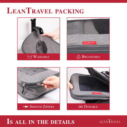 LeanTravel Compression Packing Cubes for Travel Organizers with Double Zipper (6-Pack (2L+2M+2S), Grey)