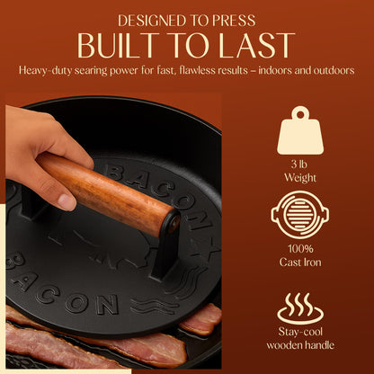 Heavy-Duty Cast Iron Burger Press 8.5 Inch Round Burger Smasher, Grill Press for Cooking Burgers, Bacon, Sandwiches, Steak, Ground Beef, Meats, Sausages, and So On