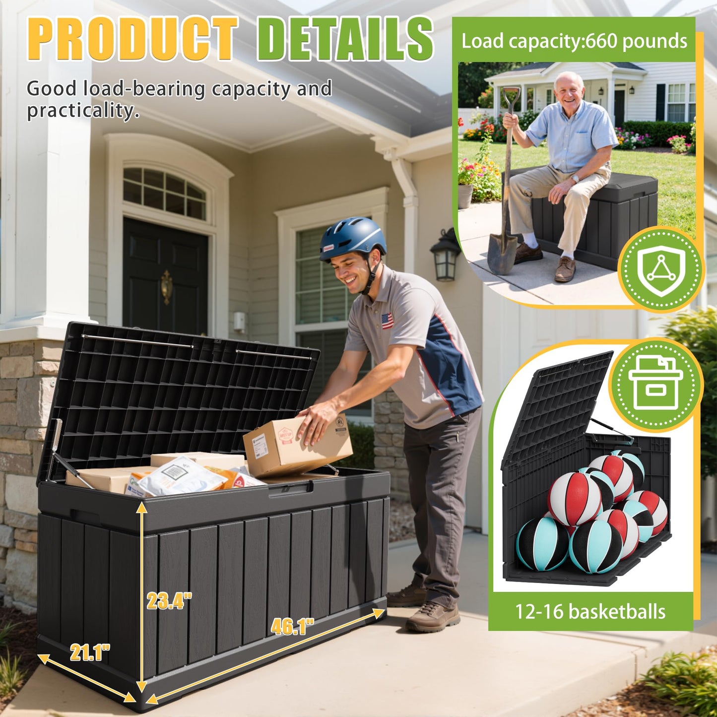 Greesum 82 Gallon Resin Deck Box Large Outdoor Storage for Patio Furniture, Garden Tools, Pool Supplies, Weatherproof and UV Resistant, Lockable, Black