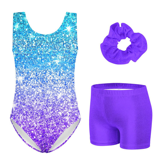 Kid Girls Gymnastics Leotards Size 5 Toddler Blue Purple 3D Print Athletic Biketards with Boy Short for 4t 5t Chlid Sparkle 3 Piece Ballet Dance Outfits Size 4 Girl's Classic Gym Unitards,Size 4 5