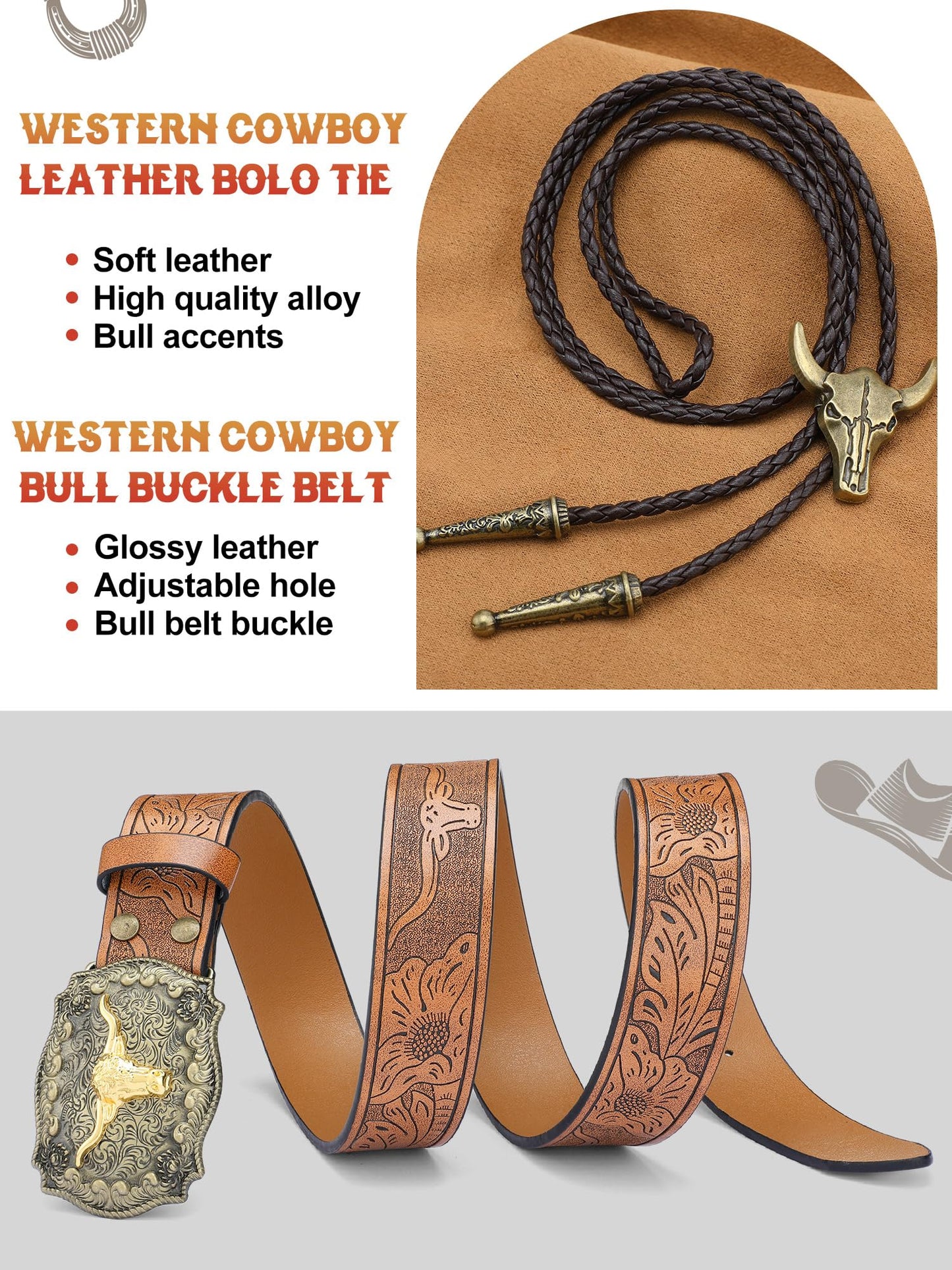 Cutecrop 4 Pcs Western Cowboy Outfits for Men Suede Leather Vest Hat Bolo Tie Belt for Western Halloween Cosplay(X-Large,Brown)