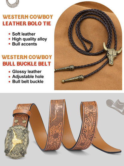 Cutecrop 4 Pcs Western Cowboy Outfits for Men Suede Leather Vest Hat Bolo Tie Belt for Western Halloween Cosplay(X-Large,Brown)