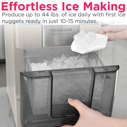 Frigidaire Nugget Ice Maker, Countertop Ice Machine with Transparent Window, Sonic Ice Maker with 44 lbs. Capacity, Auto Self Cleaning Ice Maker Machine, 2.0 Gen, Cream - 16.75D x 11.75W x 20.25H