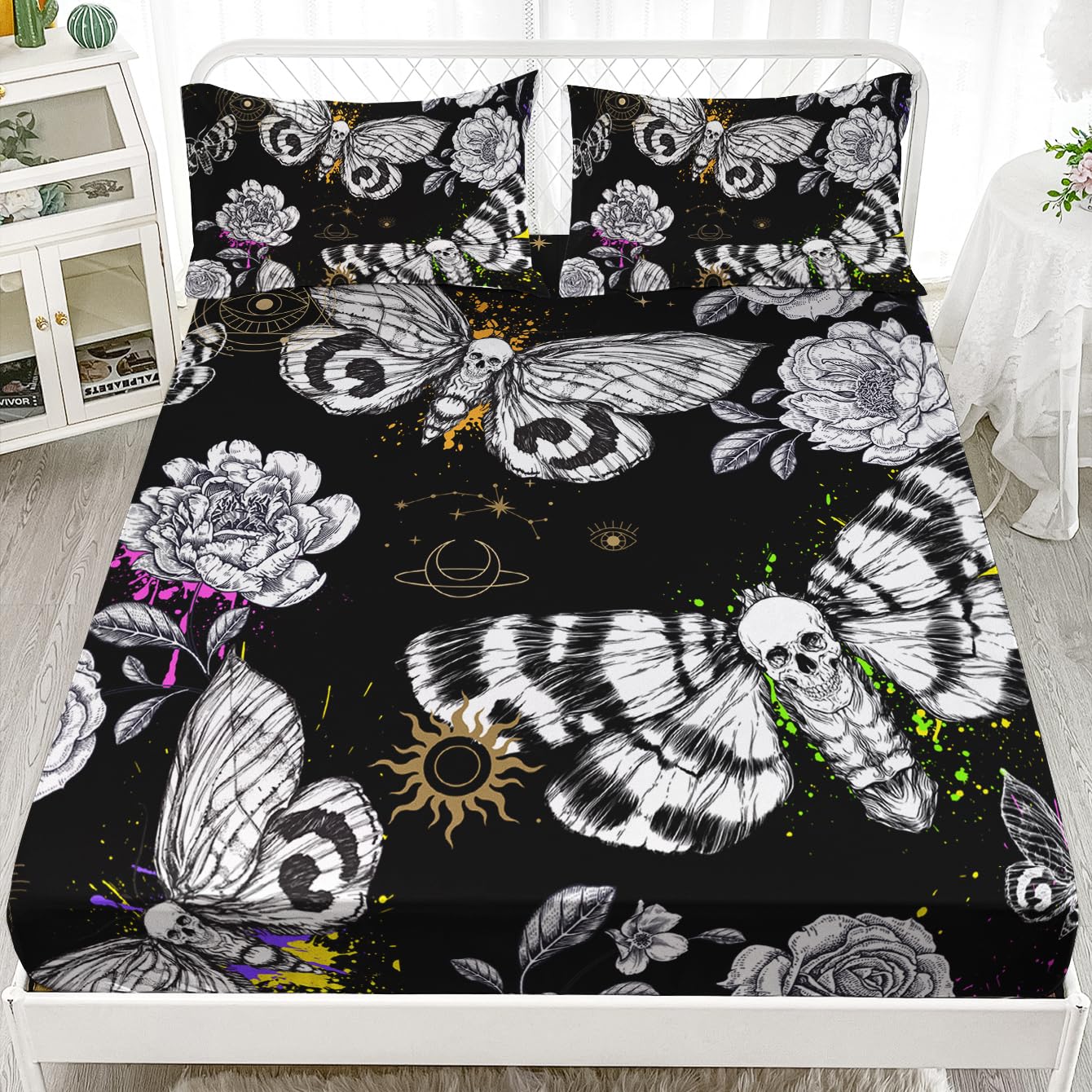 HOSIMA Death Moth Skull Heads Fitted Sheets Queen Bedroom Set Horror Theme Halloween Bedding,Goth Bedding Butterfly Bed Set for Adults Boys Girls Room Decor Floral Sheets Deep Pocket.