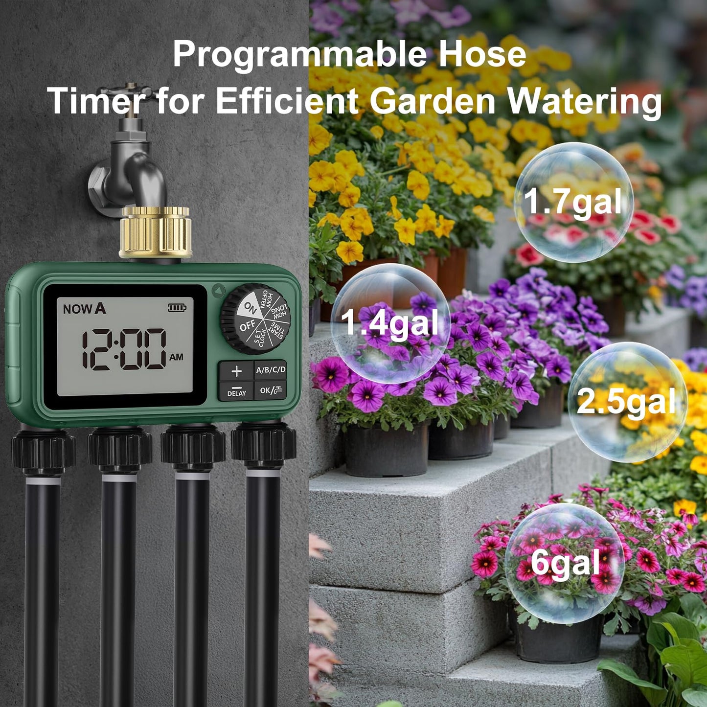 4 Outlet Sprinkler Timer Brass, Programmable Garden Hose Timer with Rain Delay, Manual& Automatic Watering System, Waterproof Gardening Supplies Irrigation Controller for 4 Separate Water Zones