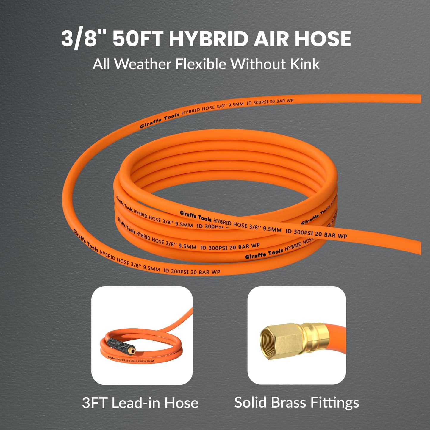 Giraffe Tools TA15 Retractable Air Hose Reel Swivel 3/8" x 50 ft Hybrid Hose, Max 300 PSI, Ceiling/Wall Mounted Heavy Duty Industrial Commercial Air Compressor Hose Reel, 50ft, Tangelo